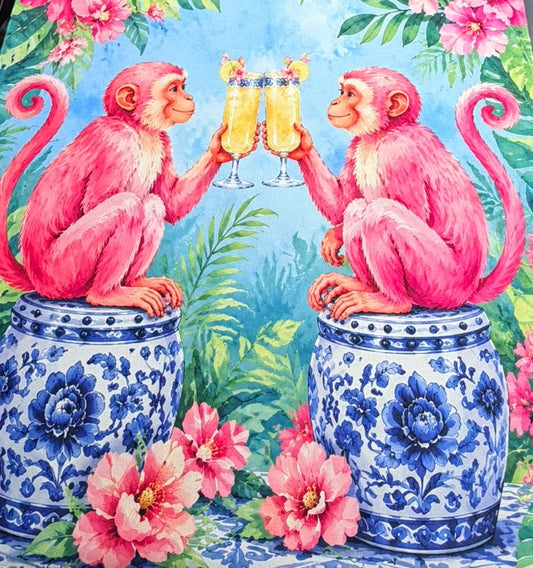 Decorative mahjong mat with pink monkeys sitting on blue and white stools holding cocktails