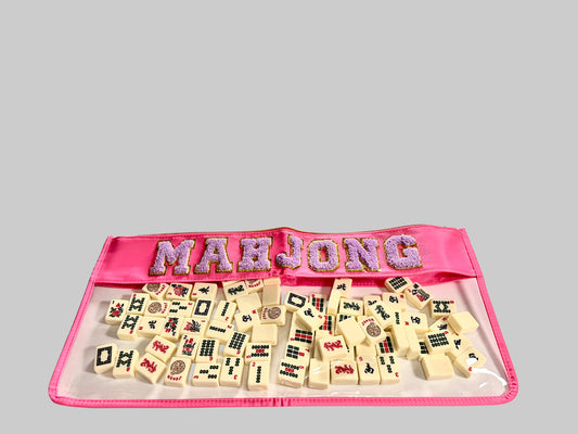 Pink Mahjong Tile Bag | Lilac Letter Embroidery | Waterproof PVC | Holds 166 Tiles