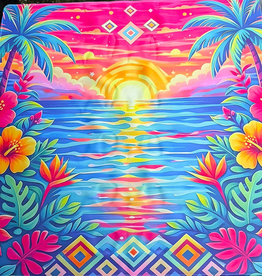 Mahjong Mat with Colorful tropical scene with palm trees, flowers, and a sunset, colors pink, blue, gold yellow, gold, orange