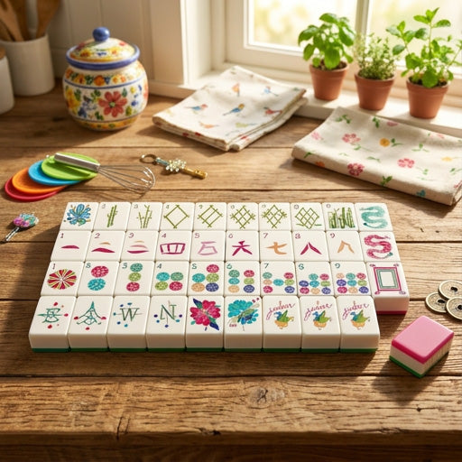 Colorful mahjong tiles on a wooden table with kitchen items in the background