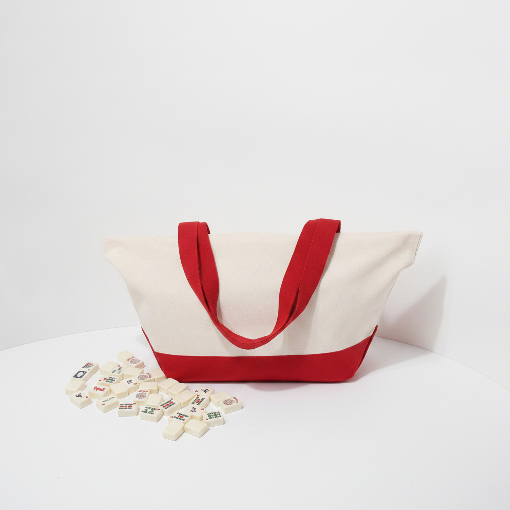 A canvas tote bag with a cream-colored body and red handles, bottom trim, and base, displayed on a white surface with a few small decorative tiles scattered in front.