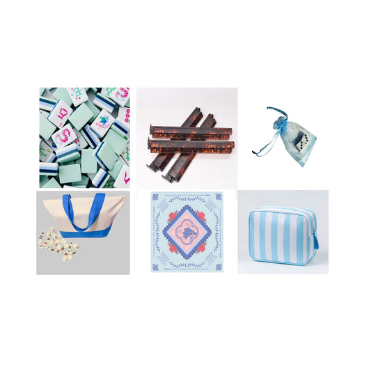 collage of  pales turquoise mahjong tiles, tortoise shell racks , blue bags and  blue mat