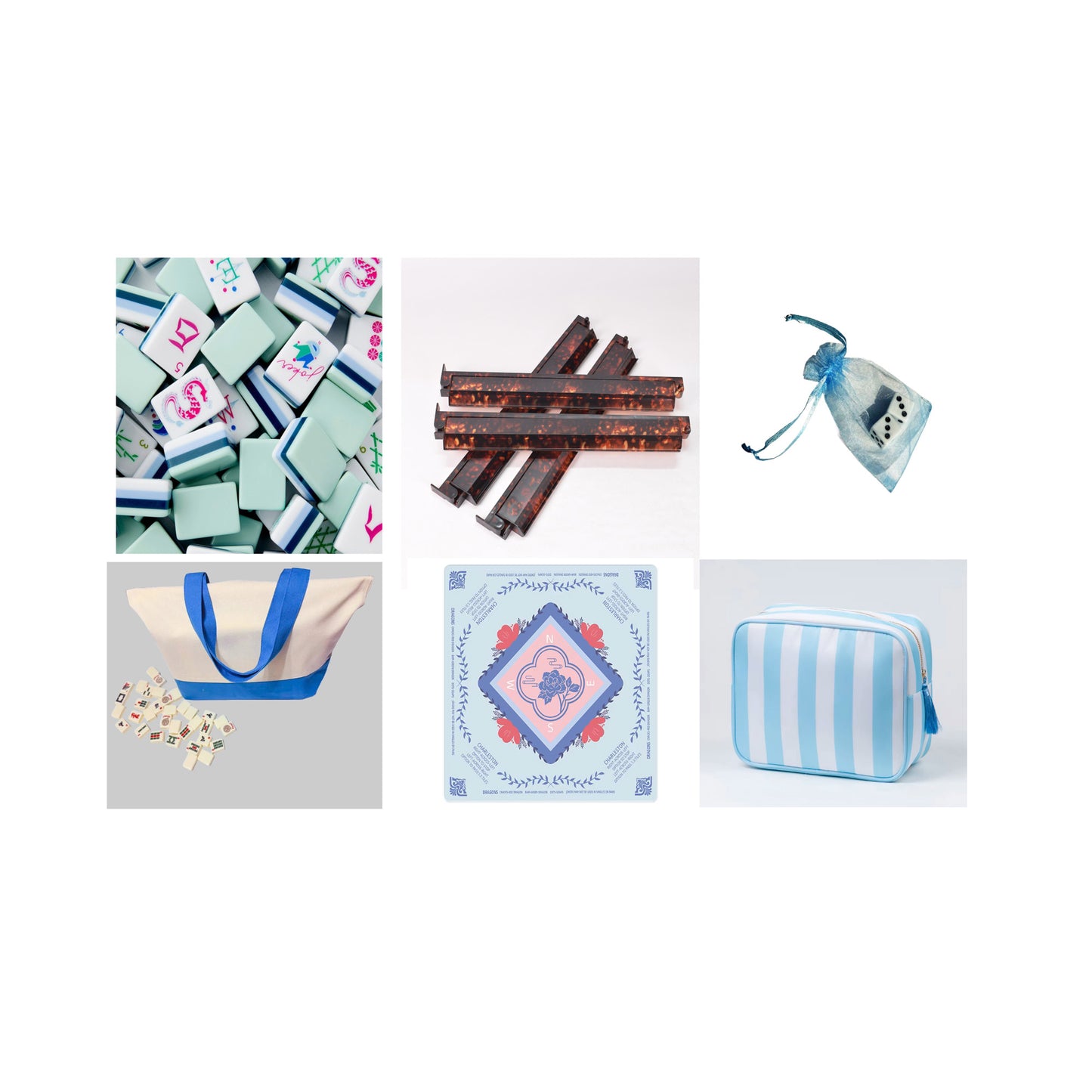 collage of mahjong tiles, racks , bags and mat