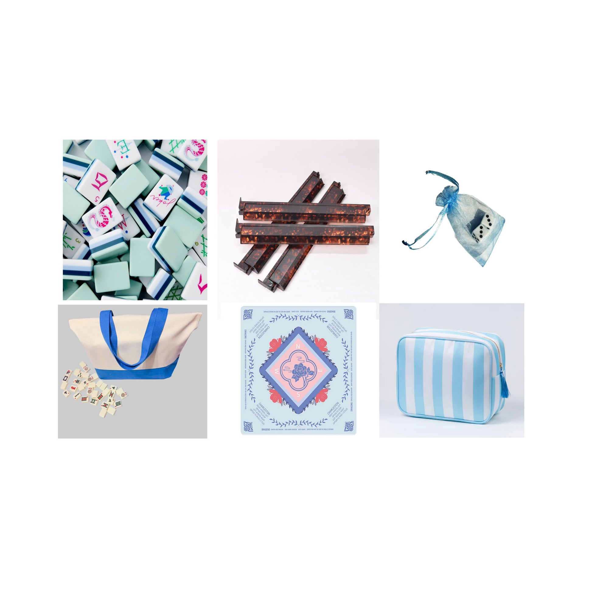 collage of mahjong tiles, racks , bags and mat