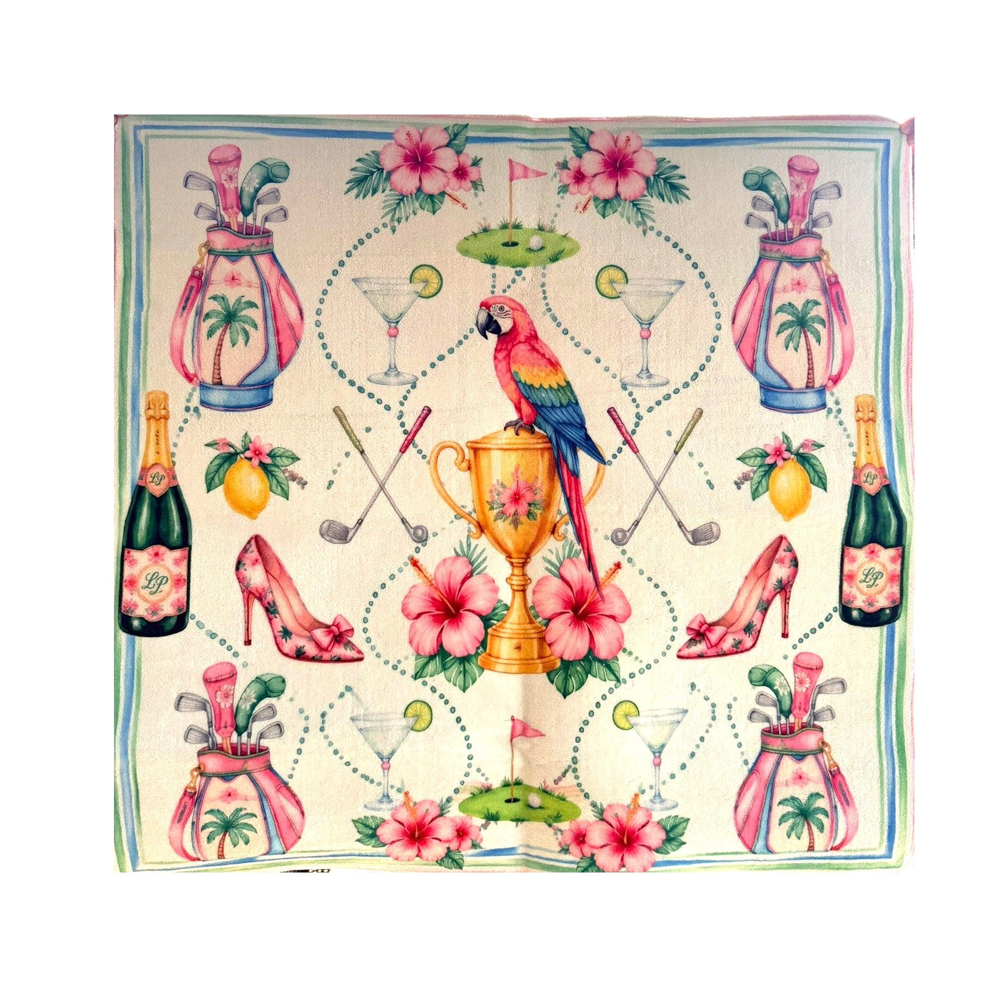 Close up of 31.5 x 31.5 inch mahjong mat  pink, blue, gold , green color accents on an off white back ground with images of champagne bottle, golf bags and a colorful parrot.