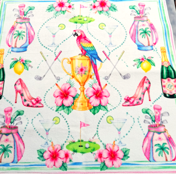 Mahjong Mat with Colorful pattern with parrot, trophy, high heels, and golf clubs on an off white background