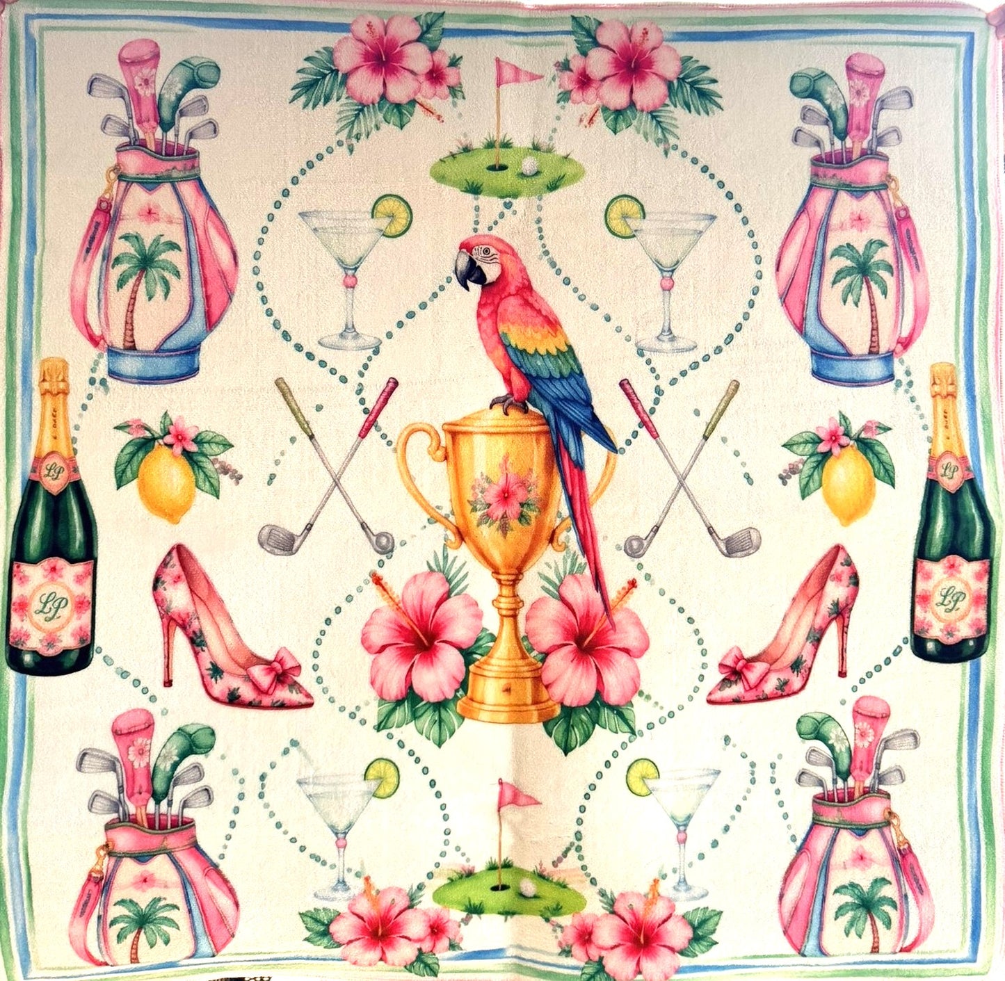 Mahjong Mat with Patterned fabric with golf clubs, parrot, high heels, and flowers on an off white background