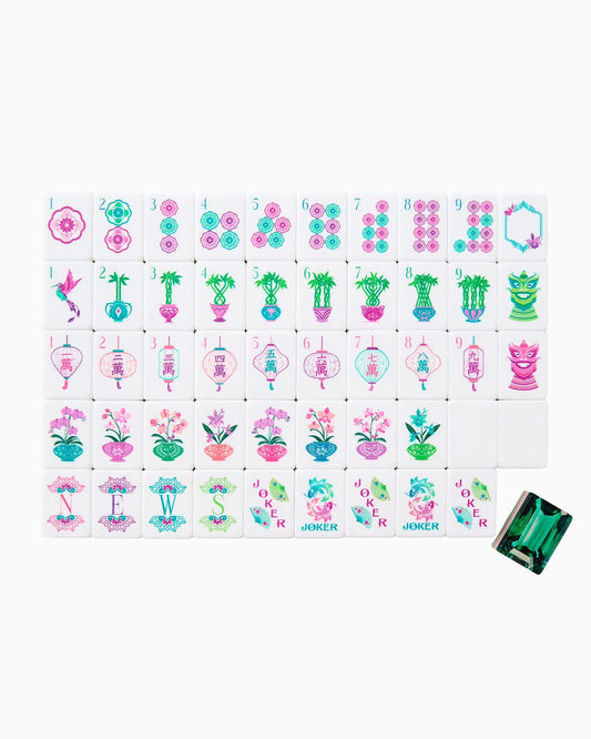 A set of acrylic mahjong tiles with emerald back.