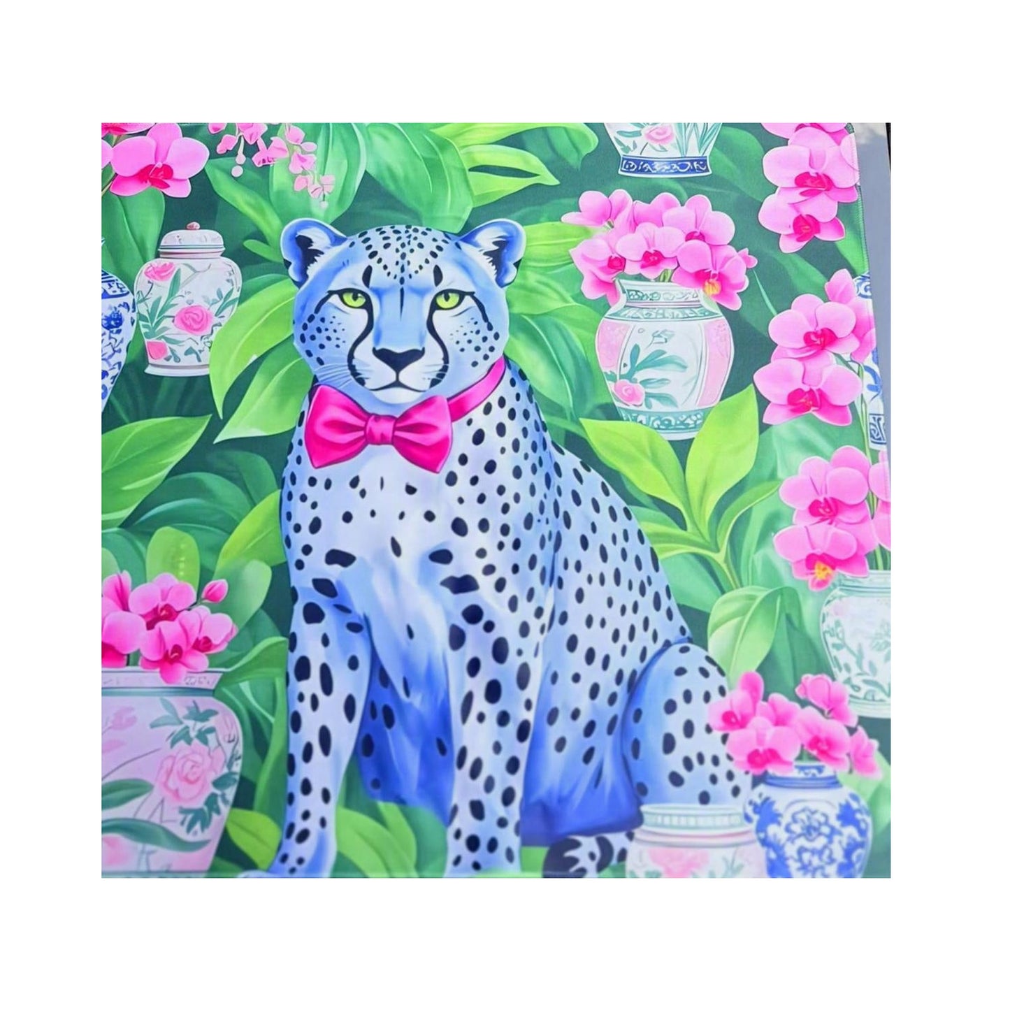 mahjong mat with Leopard wearing a pink bow tie in a colorful floral and jungle background