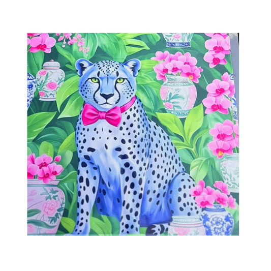 mahjong mat with Leopard wearing a pink bow tie in a colorful floral and jungle background