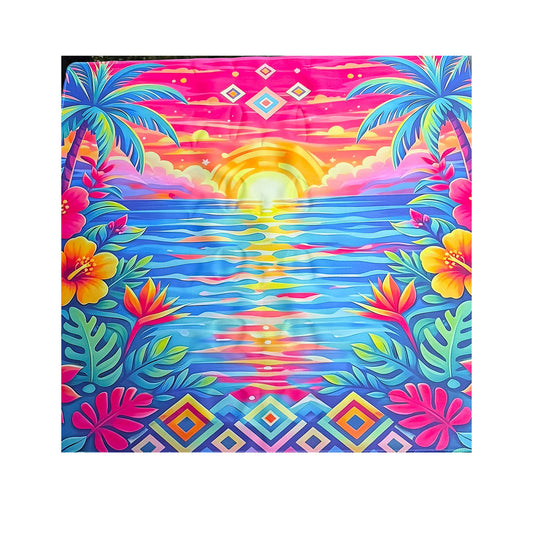 Mahjong mat with Colorful tropical scene with palm trees, flowers, and a sunset.