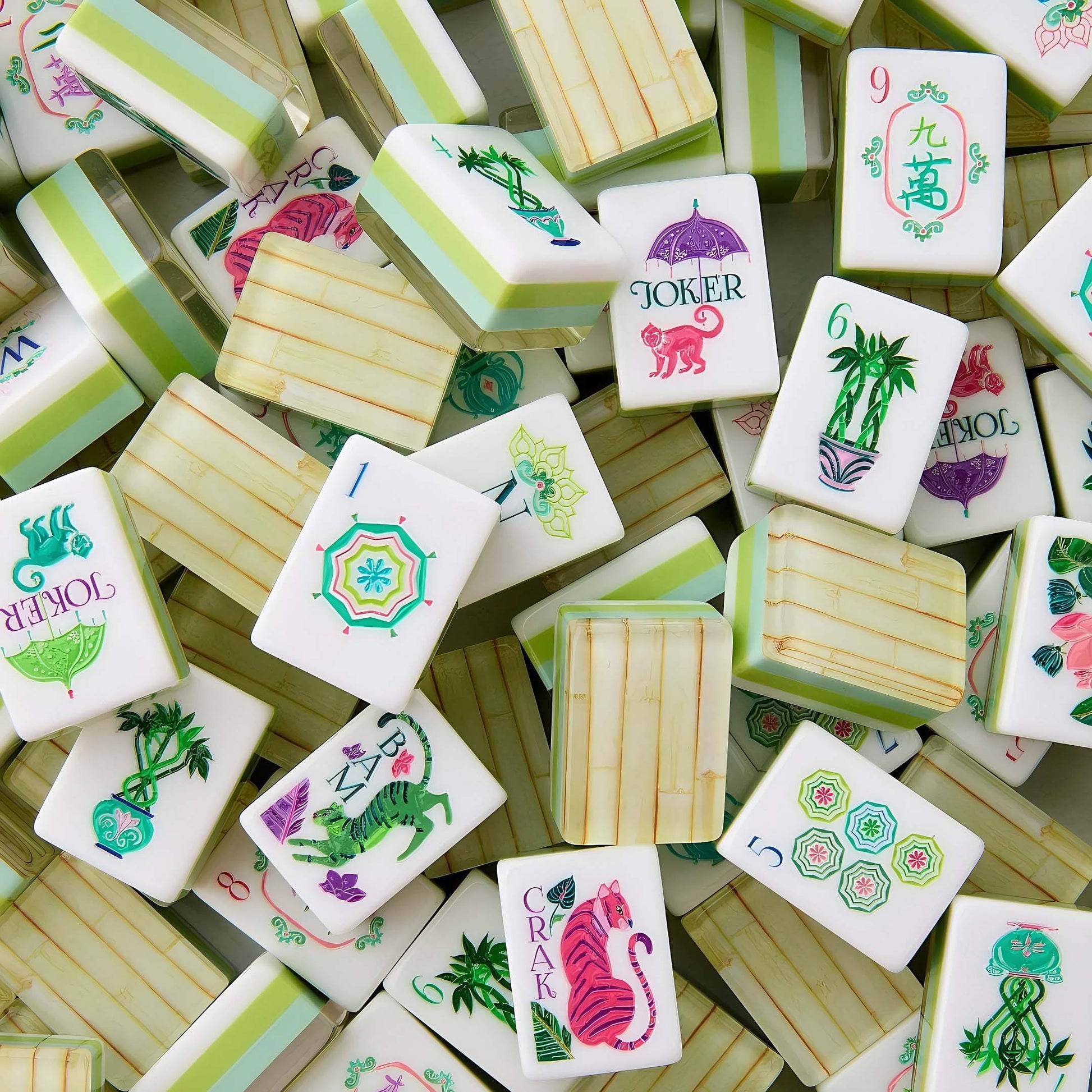 Collection of colorful Mahjong tiles on a with bamboo like back