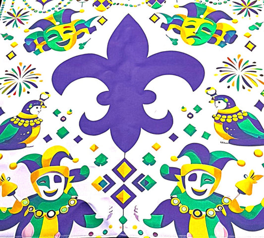 Mardi Gras-themed mahjong mat with purple fleur de lis, green and yellow parrots, and jester hats on a white background.
