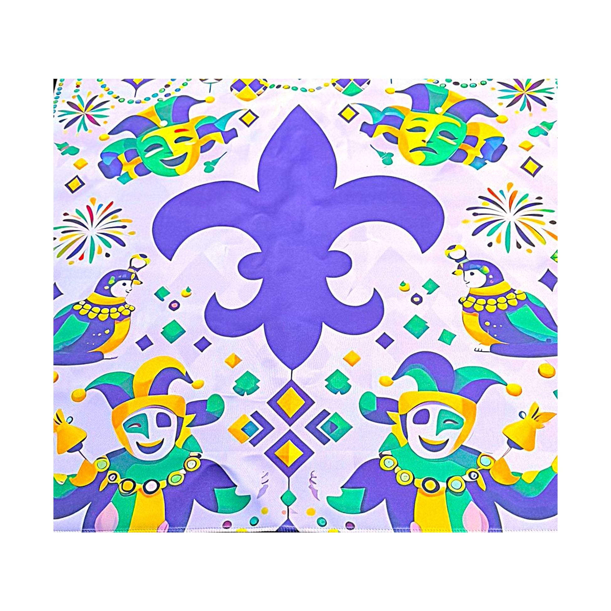 Mahjong Mat with purple, gold, green, with jesters and a fleur de lis