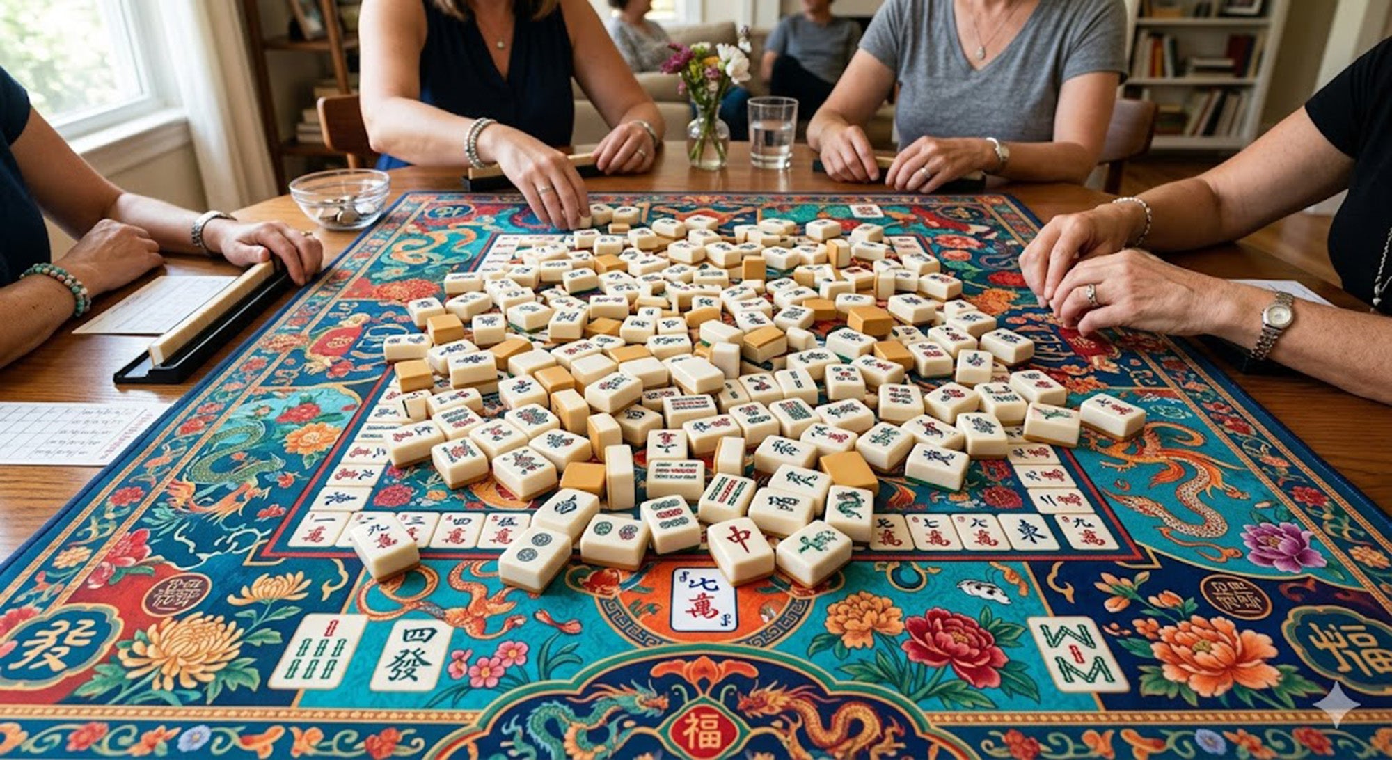 People playing Mahjong on a colorful tablecloth in a casual setting.