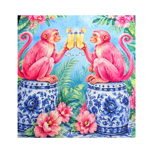 Mahjong Mat with Two pink monkeys on blue floral stools holding drinks against a tropical background 