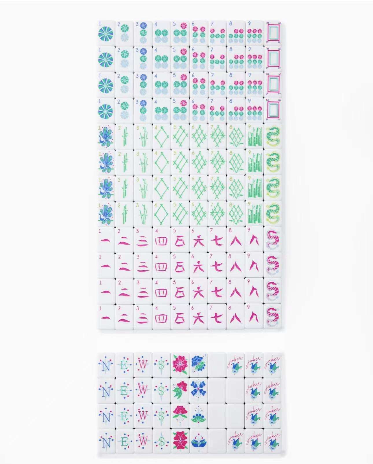 A set of 160 acrylic mahjong tiles with pale turquoise backs.