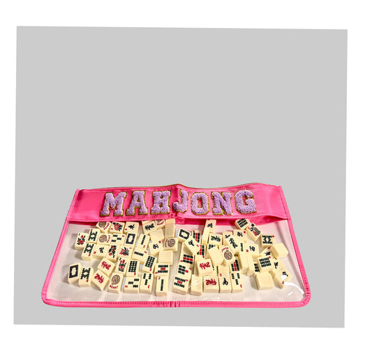 Pink Mahjong Tile Bag | Lilac Letter Embroidery | Waterproof PVC | Holds 166 Tiles