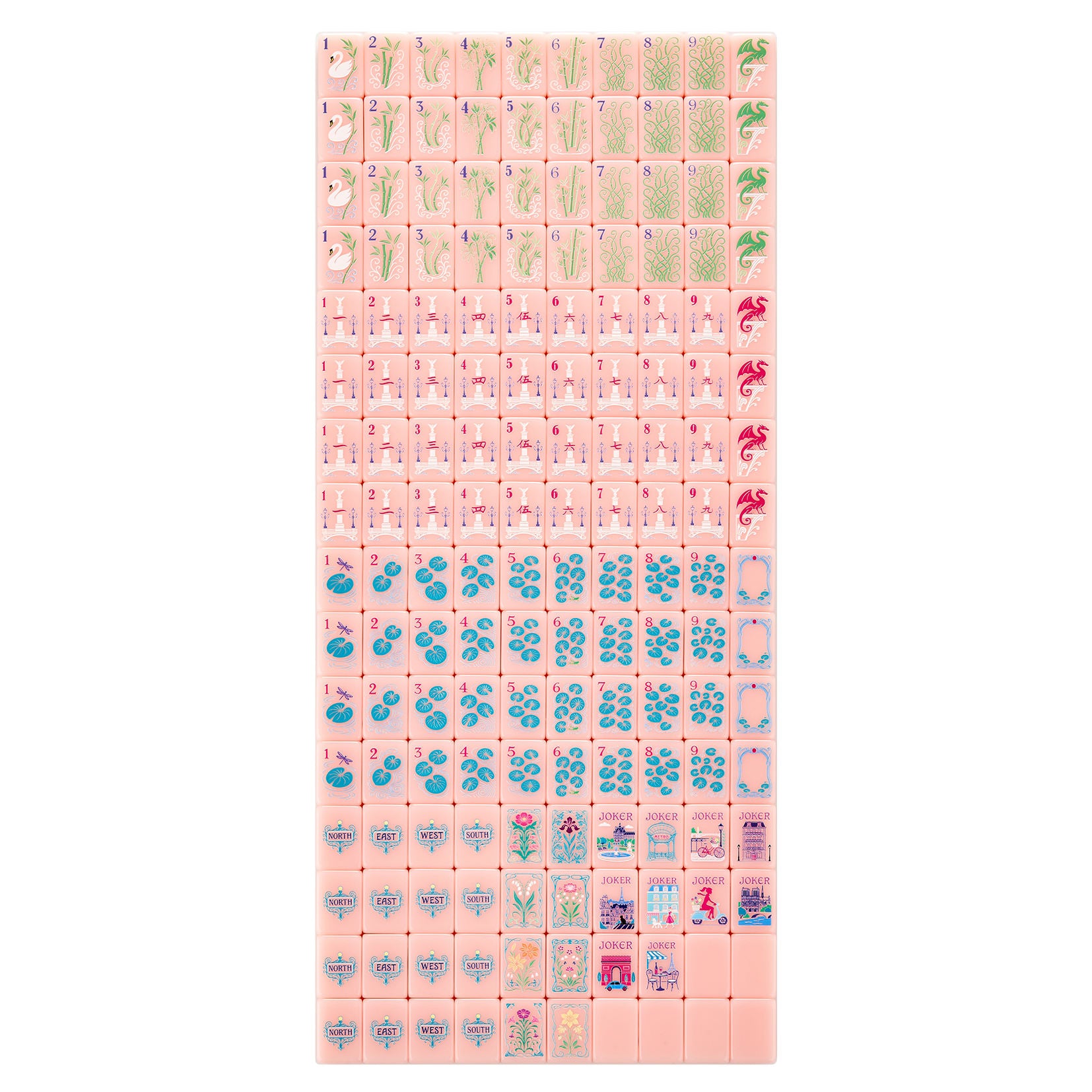 Complete set of light pink acrylic mahjong tiles with various designs on a white background