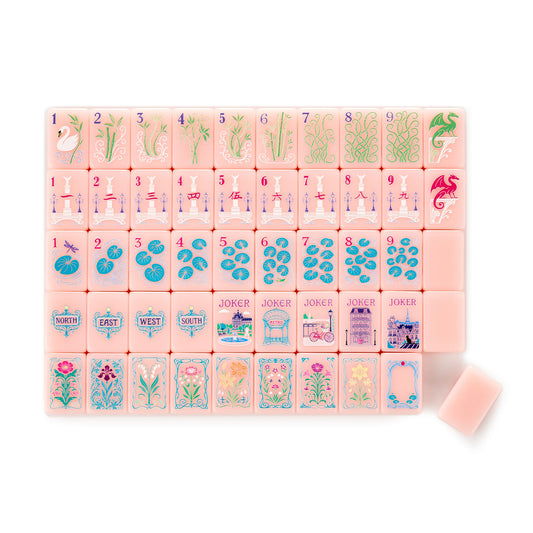 Pink Mahjong tiles with blue, white, green accents