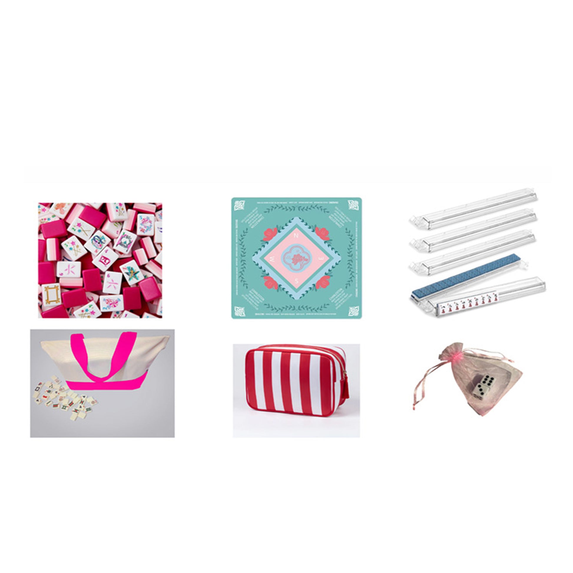 collage of pink mahjong tiles, bags, racks and mat